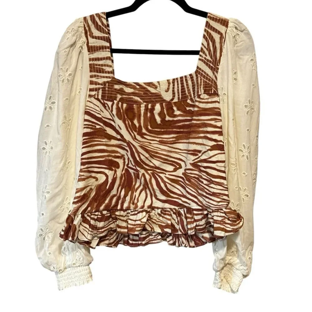 Revolve Anthropologie Love The Label Smocked Puff-Sleeve Brown Zebra Blouse